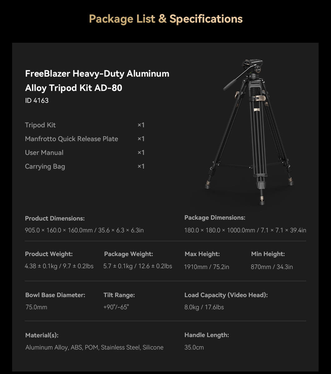 4163 Heavy-Duty Aluminium Video Tripod Kit FreeBlazer AD-80