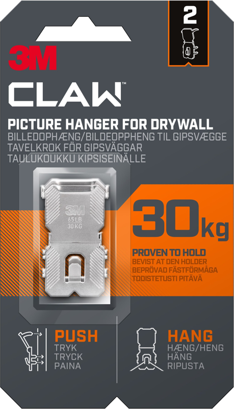 3M Claw Hook for drywall, hold 30 kg, 2 hooks