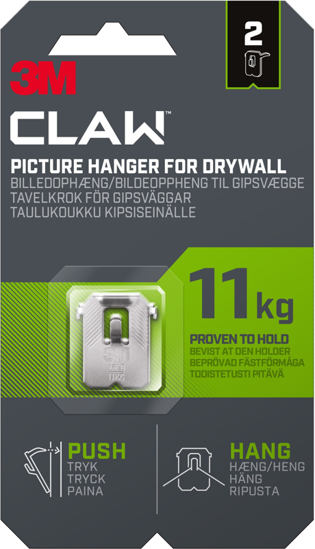 3M Claw Hook for drywall, hold 11 kg, 2 hooks